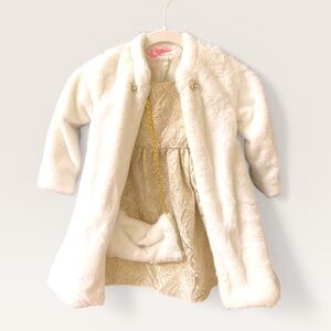 FAO Schwarz Faux Fur Girls Coat with Matching Dress and Hand Muff Set